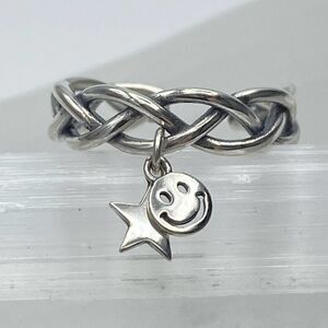 Star and Smile Face Dangle Sterling Silver Retro Ring Adjustable